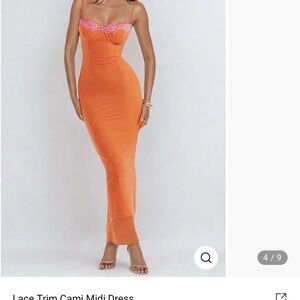 Orange Lace Trim Cami Midi Dress